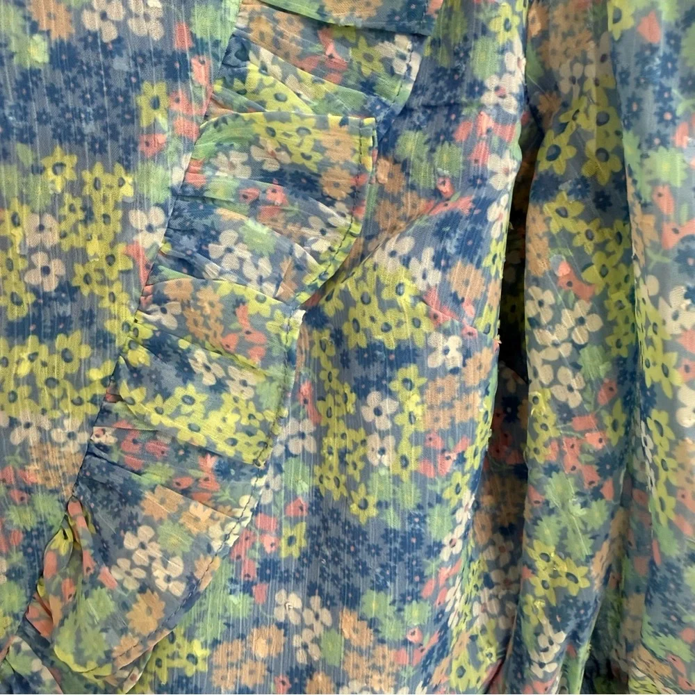 Ivy City Co Blue & Green Floral Ruffle Midi Dress - Picture 4 of 4